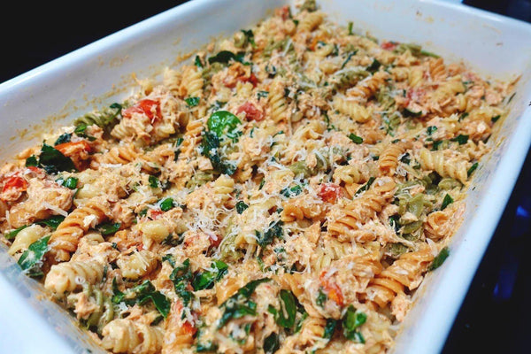 HomeCookVibe Viral Salmon Rotini pan, The 17 Milli, tri-color pasta with salmon, Boursin, and spinach